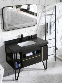Комбинация шкафов для ванной комнаты с каменной плитой, Простой Современный умывальник из нержавеющей стали, Легкий Роскошный шкаф для ванной комнаты, Умное зеркало