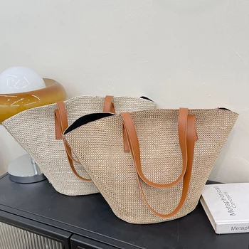 Повседневные соломенные сумки ручной работы, модные тканые женские сумки через плечо, летние пляжные сумки большой емкости, женская сумка с верхней ручкой