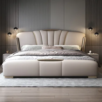 Итальянская легкая роскошная кожаная кровать, двуспальная кровать в главной спальне 1,8 м, современная минималистичная кожаная художественная кровать, ящик для хранения высотой 1,5 м, wedding