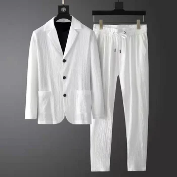 Новый модный мужской костюм, весенне-летний повседневный костюм с длинными рукавами, тонкий комплект из двух предметов, белый Черный блейзер, брюки