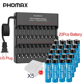 20-слотное Литиевое Зарядное Устройство PHOMAX С Независимым Слотом Для зарядки Штекера US/ EU с Перезаряжаемой Батареей AA емкостью 1,5 В 3400 МВтч