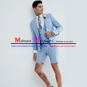 Элегантный Небесно-голубой повседневный мужской костюм с короткими штанами, модные деловые комплекты летней одежды Terno Masculino из 3 предметов для свадьбы, жениха, молодых мужчин