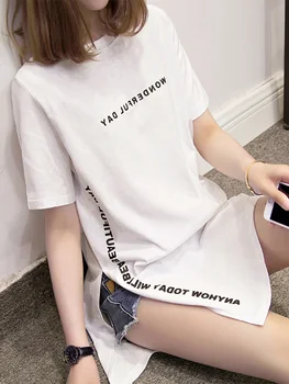 Длинные футболки с принтом 2023, Летние женские топы со свободным разрезом, хлопковая футболка с коротким рукавом, женская футболка