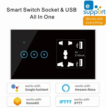 Настенная розетка Smart Switch 2 в 1 с сенсорной кнопкой из закаленного стекла, настенная панель управления Smart Light с приложением Ewelink, дистанционное управление