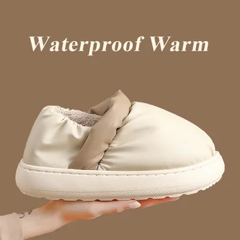Женские водонепроницаемые ботинки, теплые меховые уличные зимние тапочки из искусственной кожи, толстый противоскользящий мягкий каблук, домашняя обувь для мужчин и пар