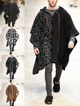 Винтажное шерстяное пончо, мужские зимние куртки и пальто, негабаритная накидка с капюшоном, нерегулярный длинный тренч, мужской плащ, верхняя одежда с принтом