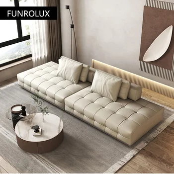 Итальянский простой кожаный диван Современная минималистская вилла Большая гостиная Модульная комбинация Легкий роскошный диван
