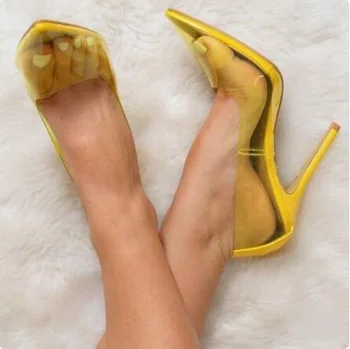 Желтые прозрачные туфли из ПВХ на высоком каблуке, туфли-лодочки на шпильке с острым носком, свадебные туфли без застежки, Женская обувь на высоком каблуке по индивидуальному заказу Невесты