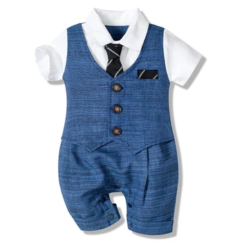 Одежда для маленьких мальчиков, Летний хлопковый официальный комбинезон, джентльменский наряд с галстуком, цельная одежда для новорожденных, красивый комбинезон на пуговицах, праздничный костюм
