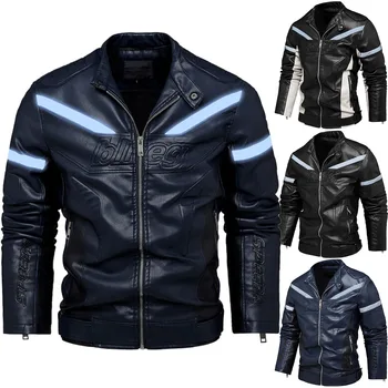 Мужская винтажная мотоциклетная куртка, приталенный воротник-стойка, Светоотражающая мужская куртка из искусственной кожи, флисовое пальто-бомбер, пальто Mal