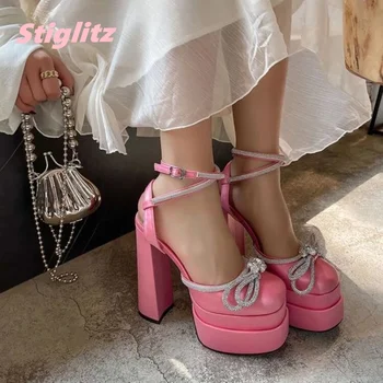 Розовые туфли-лодочки с бантом из милого горного хрусталя 2023, Роскошный дизайн, массивная кожаная обувь на платформе с пряжкой, элегантная женская обувь для вечеринок С бесплатной доставкой