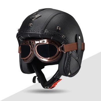 KEAZ Винтажный Кожаный Мотоциклетный шлем с открытым лицом 3/4 дюйма и выпученными глазами, Ретро-Моторный Реактивный шлем, Одобренный DOT Для взрослых, 8 цветов