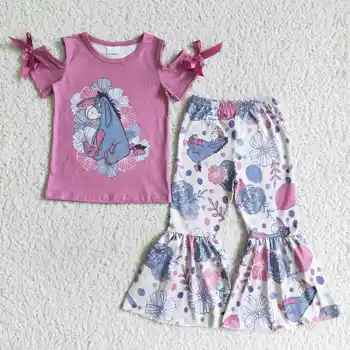 Лидер продаж, Рубашка с принтом Ослика RTS, Весенние комплекты для девочек, Детская одежда с открытыми плечами, Детские нарядные наряды с цветочным рисунком