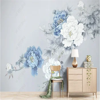 Новые настенные обои в китайском стиле для гостиной, обои с пионами, цветы, цветущие на синем фоне телевизора, обои для домашнего декора