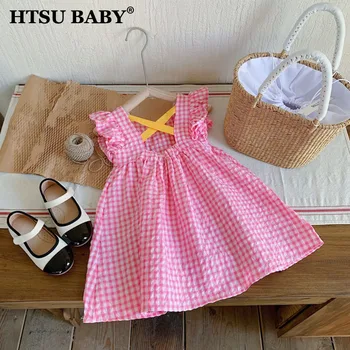 HTSU BABY 2023, Летние платья в клетку для девочек, Детское Розовое платье без рукавов с оборками и открытой спиной, Детское платье принцессы