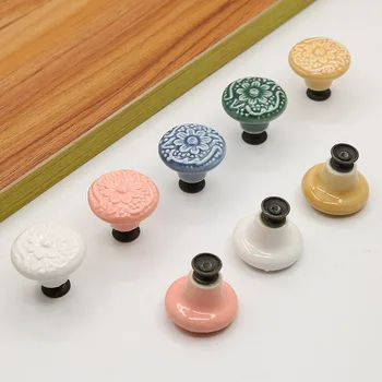 Рельефная цветная круглая керамическая мебельная ручка с одним отверстием Антикварная дверца шкафа Керамические ручки выдвижных ящиков для шкафа