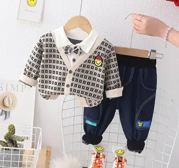 Детская дизайнерская одежда для маленьких мальчиков от 12 до 18 месяцев, пуловер с принтом, толстовки с длинными рукавами и штаны, комплекты из 2 предметов для малышей