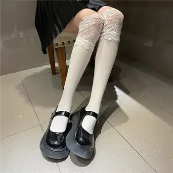 Кружевные носки до колена в стиле Лолиты, женские сексуальные длинные кружевные чулки в стиле японского колледжа, Тонкие хлопковые черно-белые чулки