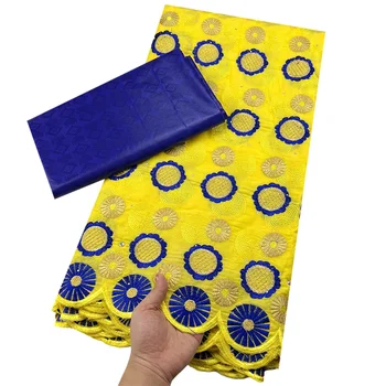 Последняя Желтая + Синяя Вышивка Швейцарской Кружевной Ткани Африканский Базен Riche Ткань 5 Ярдов Швейцарского Вуалевого Кружева Для Платья В Дубайском Стиле F182