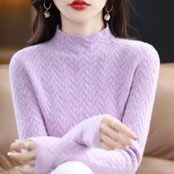 Женский свитер из 100% шерсти, осенне-зимний пуловер с полувысоким вырезом, кашемировый свитер, вязаный модный однотонный свитер с длинными рукавами.