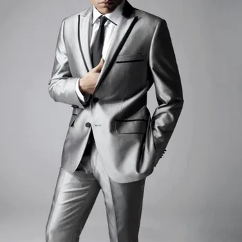 Формальный Серебристо-серый Мужской костюм Жениха, 2 предмета, Черный Свадебный Костюм С Отворотом (Куртка + брюки), Homme Terno Masculino Slim