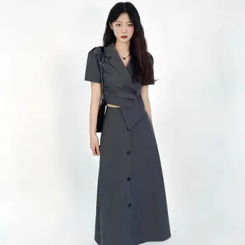 Летний новый корейский модный женский костюм с юбкой, комплект с короткими рукавами, короткий костюм, жакет, юбка трапециевидной формы, комплект из 2 предметов, подходящие комплекты