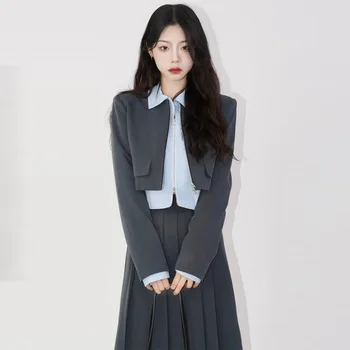 Женские блейзеры, корейская мода, укороченный короткий жакет, длинная юбка с высокой талией, Офисный комплект из двух предметов, Винтажная шикарная верхняя одежда, женская
