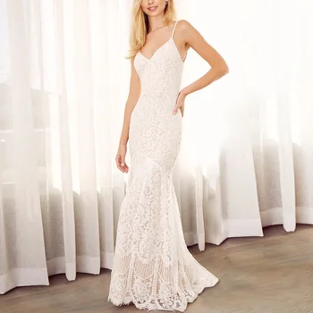 Белое кружевное вечернее свадебное платье для гостей длиной до пола, летнее женское сексуальное платье с открытой спиной, без рукавов, V-образным вырезом, высокой талией, облегающее платье-русалка