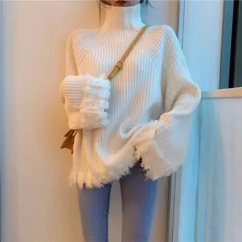 Женский свитер с кисточками, длинный рукав, пуловер с высоким воротником, Винтажная осенняя новая корейская версия свободного толстого свитера, теплые топы