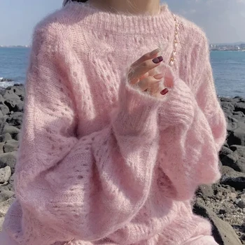 Розовый Мягкий Свободный вязаный свитер Женский Новый Полый однотонный пуловер Свитер из Мохера Теплый Базовый Трикотажный джемпер