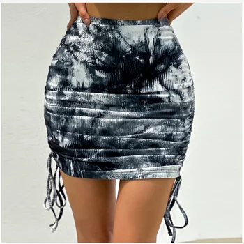Женская эластичная плиссированная трикотажная мини-юбка для женщин с завязками на боку, сексуальная сумка-краситель, юбка на бедрах, женские юбки-карандаш из хлопка