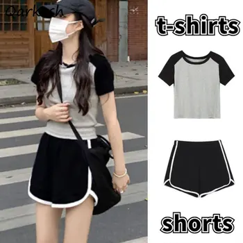 Комплекты из 2 предметов, женские спортивные винтажные футболки, шорты с высокой талией, студенческая простая уличная одежда в корейском стиле харадзюку, универсальная мода