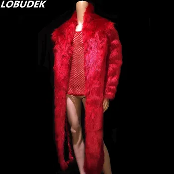 Зимняя меховая красная куртка неправильной формы; длинное пальто; Мужская одежда для ночного клуба; одежда для сцены; костюм диджея-танцора DS; мужская одежда для выступлений.