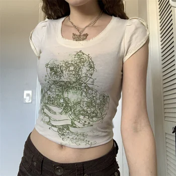 Женские винтажные топы с графическим принтом, футболки с коротким рукавом, летняя уличная одежда для электронных девочек, эстетичная одежда, ретро-футболки Y2K, футболки