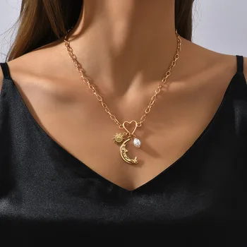 Винтажное ожерелье золотого цвета, жемчужное ожерелье с подвеской в виде Солнца и Луны, женское колье-цепочка в виде сердца для подарка ювелирных изделий