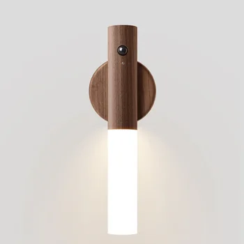 Роскошный интеллектуальный автоматический датчик движения PIR, светодиодная перезаряжаемая лампа, Магнитный ночник, Деревянный настенный светильник, подсветка кухонного шкафа