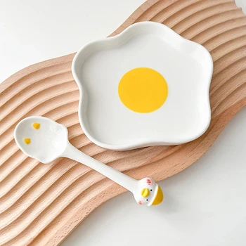 Новая тарелка для яиц из пищевой керамики Kawaii для завтрака, торта, фруктового десерта, салата, декоративной посуды с ложкой, кухонной посуды