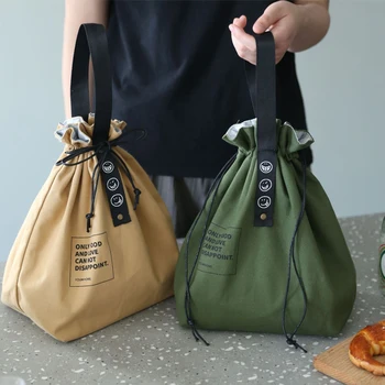 Изолированная сумка Bento Box, широко открывающийся холщовый ланч-бокс на шнурке, сумка для хранения школьной сумки, кухонные принадлежности для пикника, кемпинга