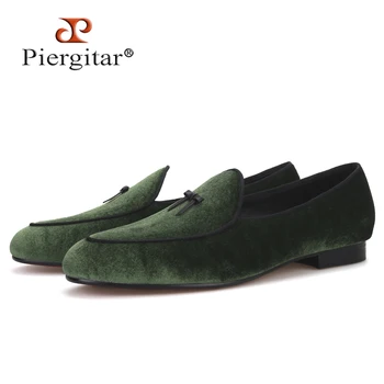 Piergitar/ мужские бархатные туфли зеленого цвета с кожаным галстуком, мужские лоферы ручной работы с красной подошвой, большие размеры, мужские тапочки для курения