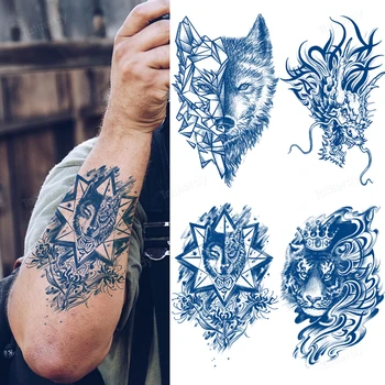 Аниме, реалистичные временные татуировки, чернила из травяного сока, стойкие поддельные татуировки Для мужчин, татуировка на рукаве для взрослых, Волк, тигр, Сова