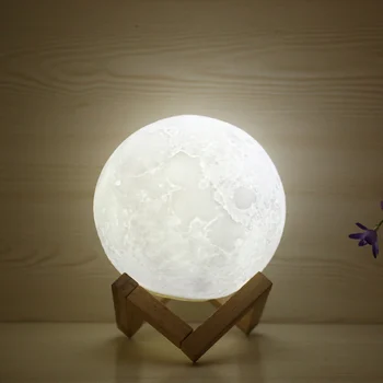 Лунная лампа с 3D-принтом, перезаряжаемая Лунная ночная лампа, домашний декоративный светильник с деревянной подставкой для маленьких Подарков любителям детей на день рождения