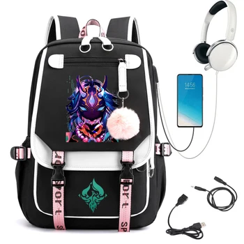 Мультяшный рюкзак Xiao Сумка с USB-портом для зарядки Genshin Impact Косплей Школьный рюкзак для студентов колледжа Подарочная школьная Мочила
