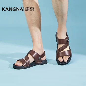Мужские сандалии Kangnai из коровьей кожи, Летние туфли на плоской подошве, повседневные дышащие Походные тапочки с открытым носком, мужская пляжная обувь