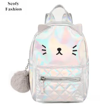 SCOFY Модный детский рюкзак с милым мини-котом для девочек, сумка для книг в детском саду, лазерная многоцветная мультяшная дорожная сумка с меховым шариком