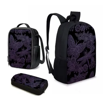 YIKELUO 3D Фиолетовый богемный дизайн бабочки / стрекозы, 3 шт., подарки в школу для детей, повседневная сумка с принтом насекомых, сумка для ланча
