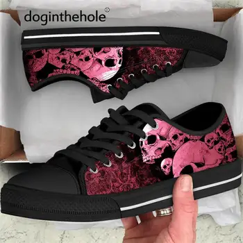 Модная парусиновая обувь с принтом черепа в виде собачьей норы, женская черно-розовая обувь на плоской подошве со шнуровкой, женская обувь с низким берцем в стиле ретро