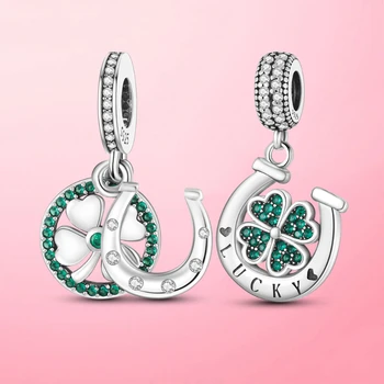 2 Стиля, Счастливый четырехлистный клевер, подвешенный шарм, бусины в виде подковы, подходят к браслету Pandora, ожерелью, женским украшениям, оригинальному серебру 925
