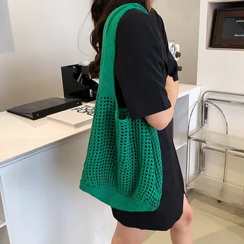 2023 Летняя новая женская сумка из полой ткани, сумки-тоутеры большой емкости, повседневные вязаные дизайнерские сумки для женщин, сумка через плечо