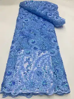 голубая Африканская кружевная ткань 2023 Высококачественная Французская кружевная ткань с 3D блестками Нигерийская кружевная ткань для платья 5 ярдов