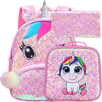 Рюкзак с единорогом из 3 шт. для девочек, сумка для дошкольного учреждения с блестками для малышей, 12,5-дюймовый школьный рюкзак с милыми мультяшными животными - розовый единорог